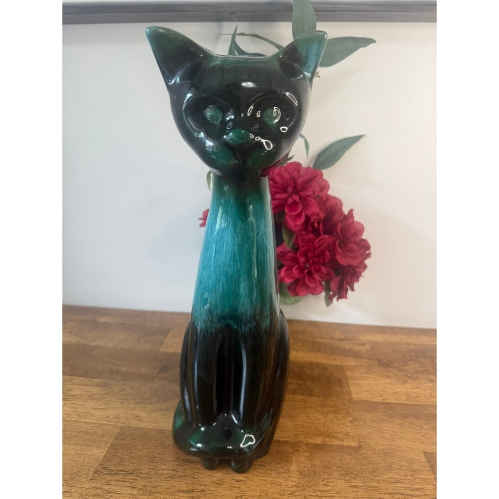 Blue Mountain Pottery Tall Cat Figurine Green Black Drip Glaze MCM Canada
